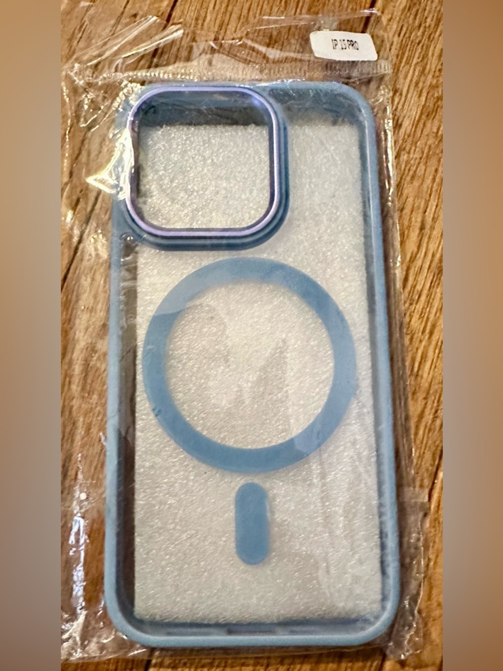iPhone 15 Pro Clear Case with Blue MagSafe Ring and Blue Camera Frame